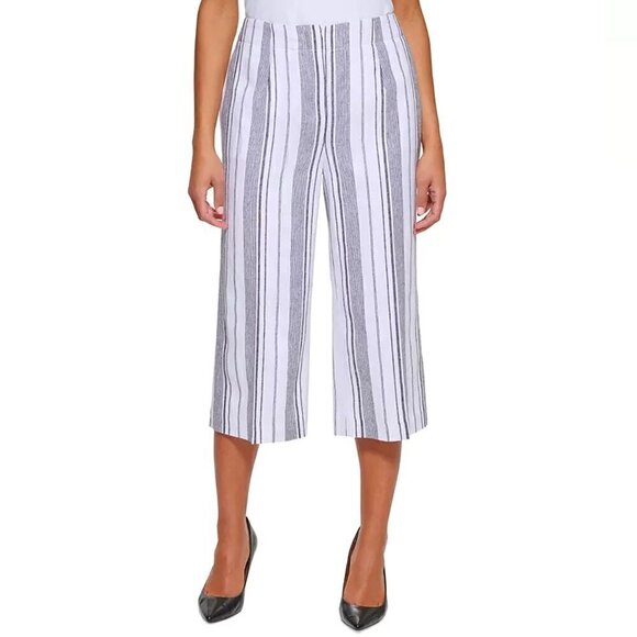 Calvin Klein Size 8 White Black Striped Cropped Linen Pants Pockets 20" Inseam - Picture 1 of 13